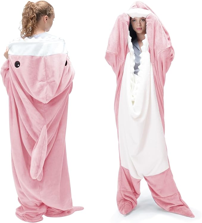 Shark Blanket Adult Cartoon Sleeping Bag Pajama Hooded Warm Flannel Funny Homewear Shark Onesie Sleeping Bag Winter Warm Blanket