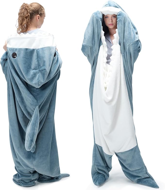 Shark Blanket Adult Cartoon Sleeping Bag Pajama Hooded Warm Flannel Funny Homewear Shark Onesie Sleeping Bag Winter Warm Blanket